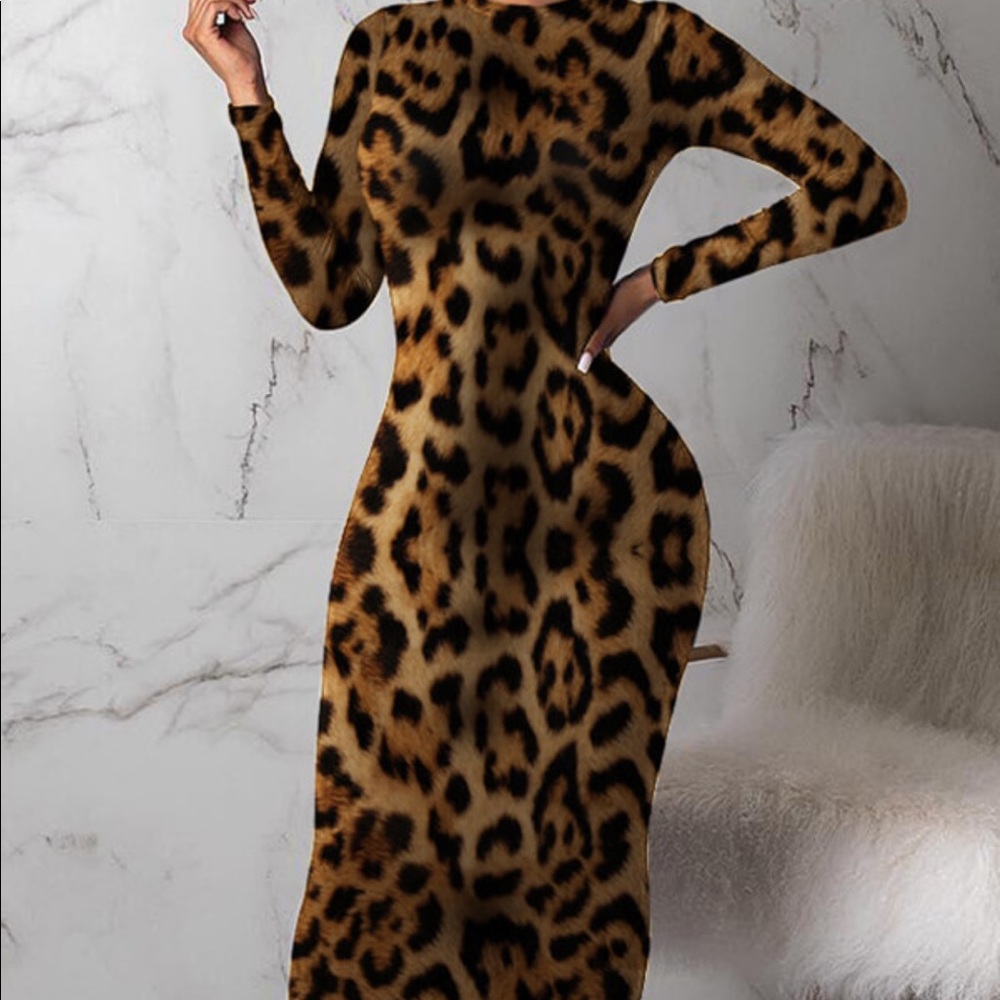 Leopard Print Black Ankle Length Dress